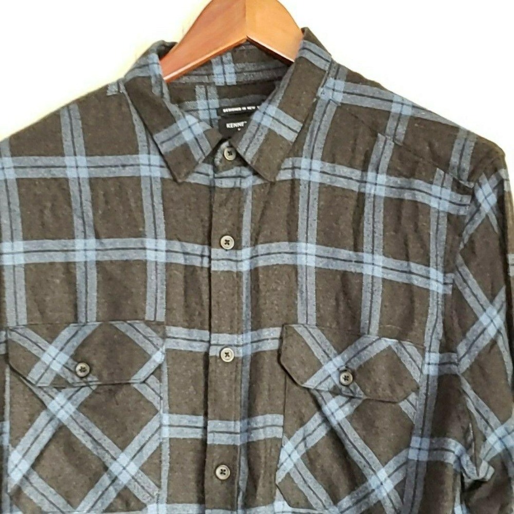 Kenneth Cole Shirt Mens‎ Large Blue Plaid Long Sleeve Rayon Slim Fit Button-Up